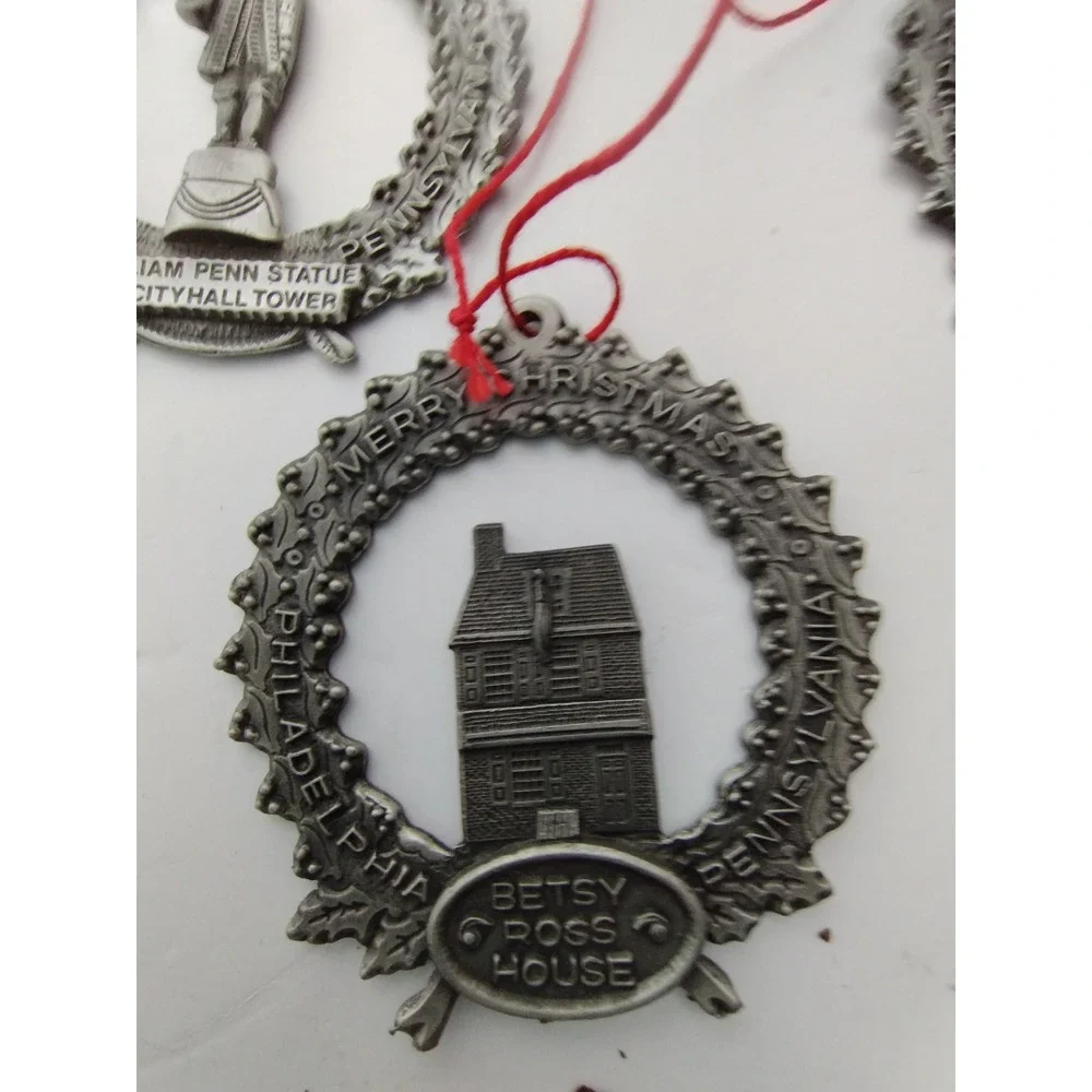 Vintage Philadelphia Pewter Ornament Set of 5 – Liberty Bell Betsy Ross Franklin